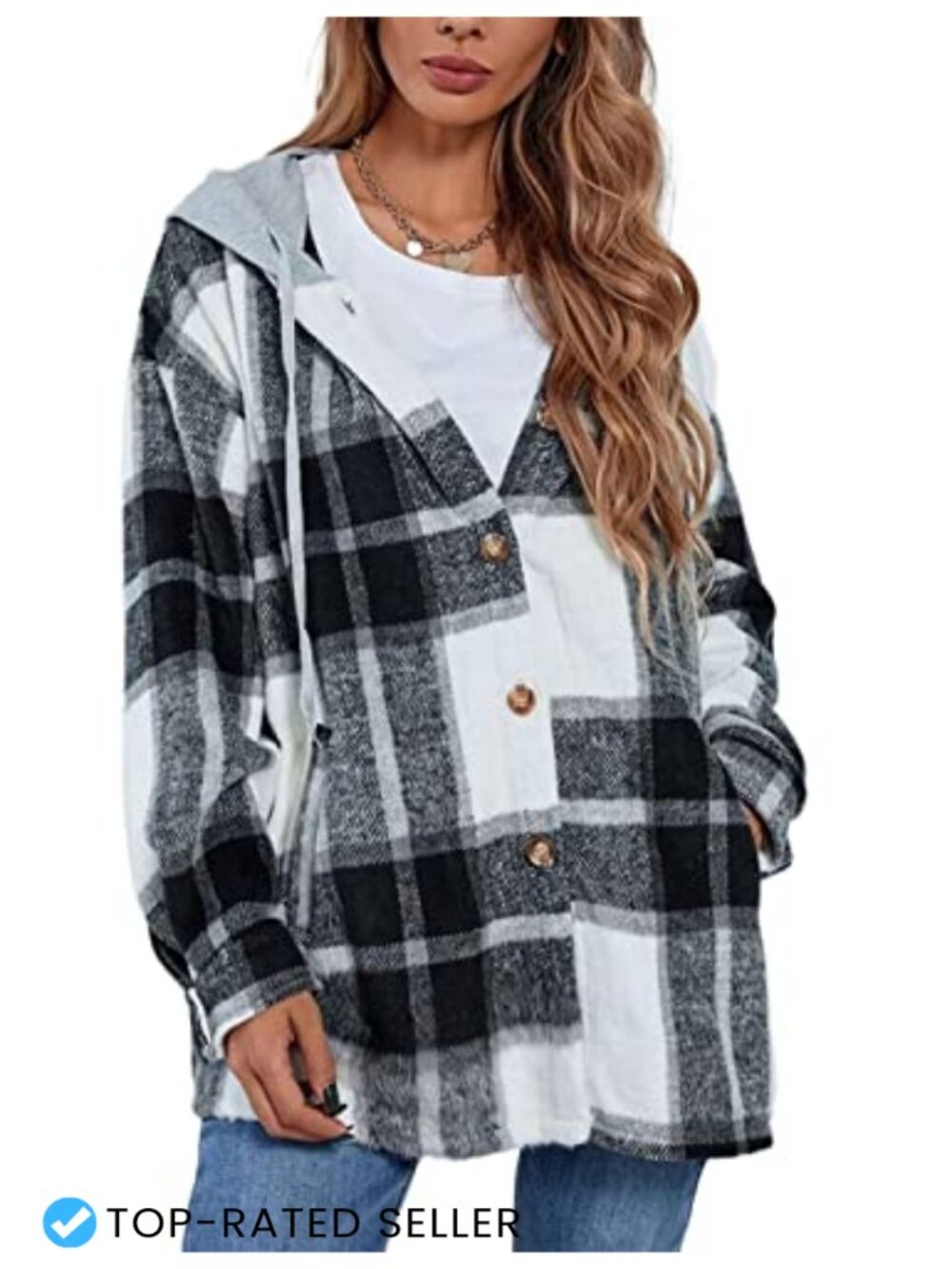 Oversized Flannel Plaid Shacket with Hood Long Sleeve Button Down
